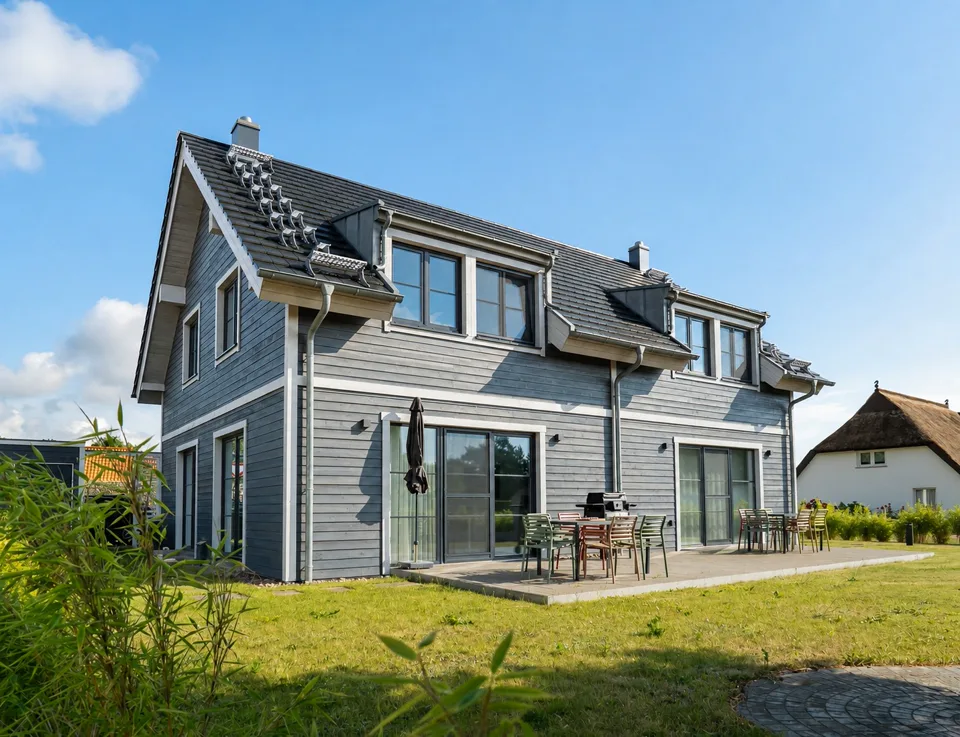 Ferienhaus Lee mit Holzfassade, Terrasse und grünem Garten in Fuhlendorf